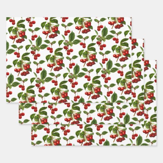 Deep Red Botanical Cherry Print Inpakpapier Vel (Set)