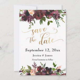 Deep Red Burgundy Floral Gold Sla het Datumscript Save The Date