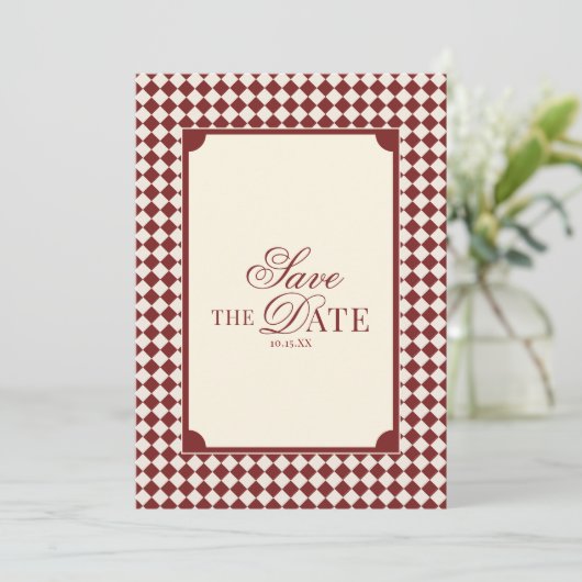 Deep Red Checkered Old Money QR Code Wedding Save The Date (Staand voorkant)