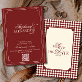 Deep Red Checkered Old Money QR Code Wedding Save The Date