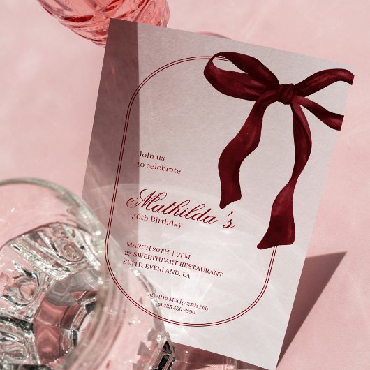 Deep Red Coquette Bow Birthday Invitation