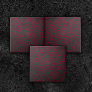 Deep Red Damask-patroon op zwart Tegeltje