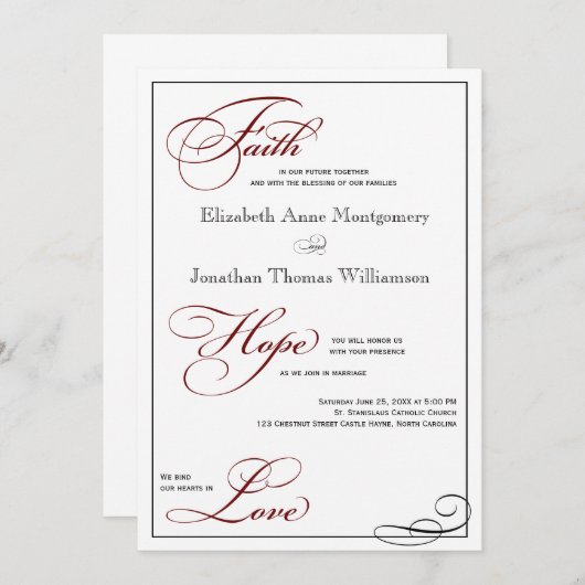 Deep Red Faith Hope Love Script Faire-part de mari (Devant / Derrière)