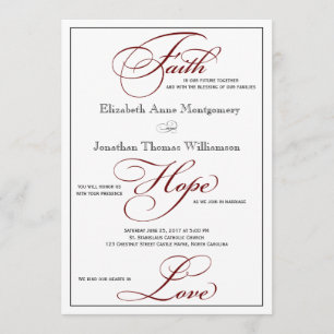 Deep Red Faith Hope Love Script Faire-part de mari