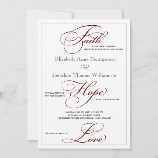 Deep Red Faith Hope Love Script Weduwen Uitnodigin Kaart (Voorkant)