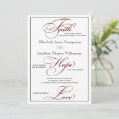 Deep Red Faith Hope Love Script Weduwen Uitnodigin Kaart (Staand voorkant)