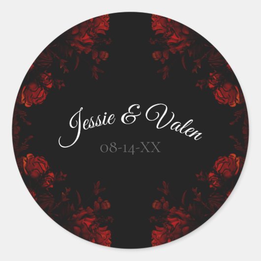 Deep Red Floral Elegant Gothic Wedding Ronde Sticker (Voorkant)