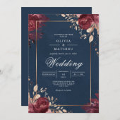 Deep Red Floral Navy Border Wedding Kaart (Voorkant / Achterkant)