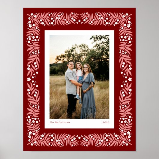 Deep Red Folk Art Floral Lijst met aangepaste teks Poster (Voorkant)