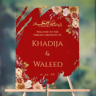 Deep Red & Gold Floral Moslim Nikkah Welkomstbord Acryl Bord