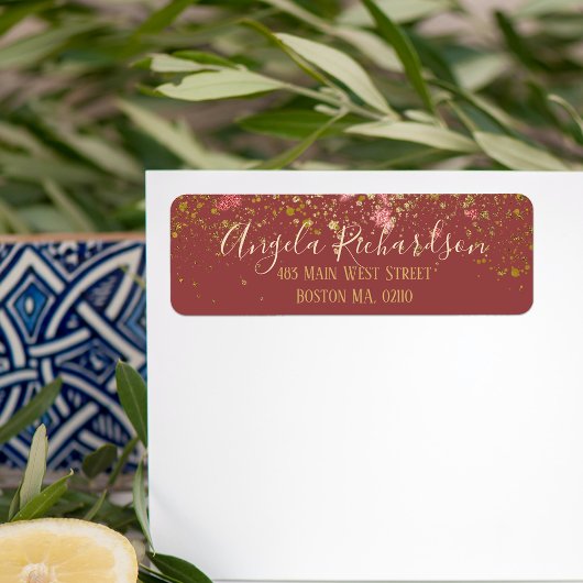 Deep Red Gold Glitter Paint Spletters Holiday Etiket