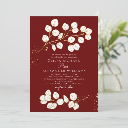 Deep Red Gold groen Eucalyptus bruiloft Kaart (Staand voorkant)
