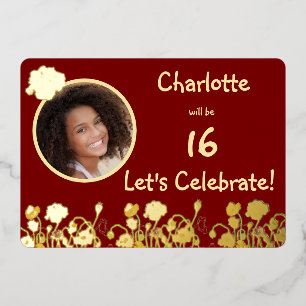 Deep Red & Gold Wild Poppy 16e verjaardag Folie Uitnodiging