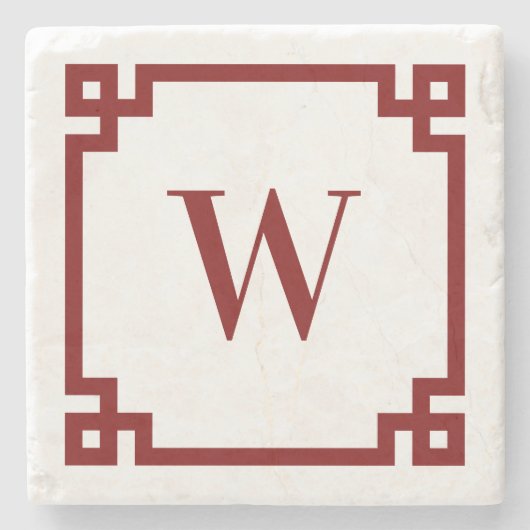 Deep Red Greek Key Border Monogram Stenen Onderzetter (Voorkant)