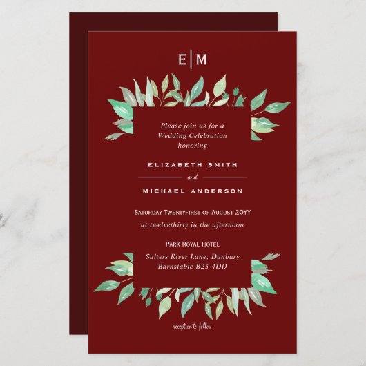 Deep Red Greenery Leaves Budget Wedding nodigt A9  (Voorkant / Achterkant)