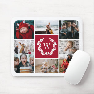 Deep Red Laurel Wreater Monogram Photo Collage Muismat