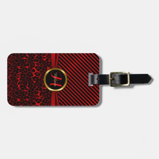 Deep Red Leopard Animal Pattern - Monogram Bagagelabel (Voorkant horizontaal)
