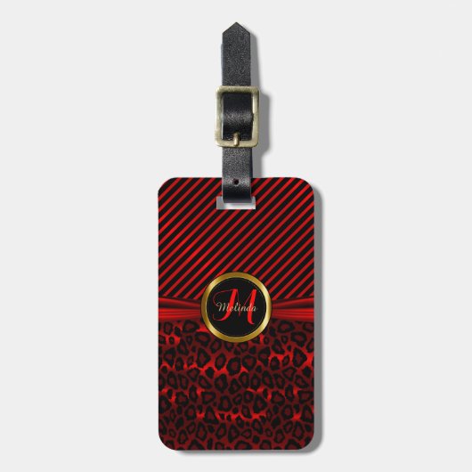 Deep Red Leopard Animal Pattern - Monogram Bagagelabel (Voorkant verticaal)