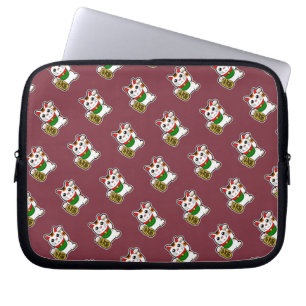 Deep Red Lucky Cat Pattern Laptop Sleeve