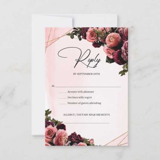 Deep Red marsala mauve blush bogundy bloemen RSVP Kaartje (Voorkant)