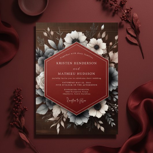 Deep Red Moody Floral Wedding Kaart