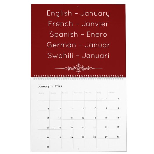 Deep Red Multilingual Calendar Kalender (Jan 2027)