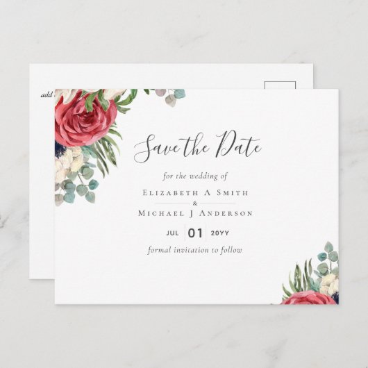 Deep Red Navy Floral Eucalyptus Greenery Wedding Briefkaart (Voorkant / Achterkant)
