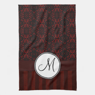 Deep Red op zwarte Damask en Stripes met monogram Theedoek
