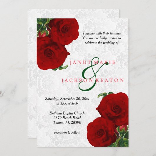 Deep Red Rose Floral Wedding Invitation Kaart (Voorkant / Achterkant)