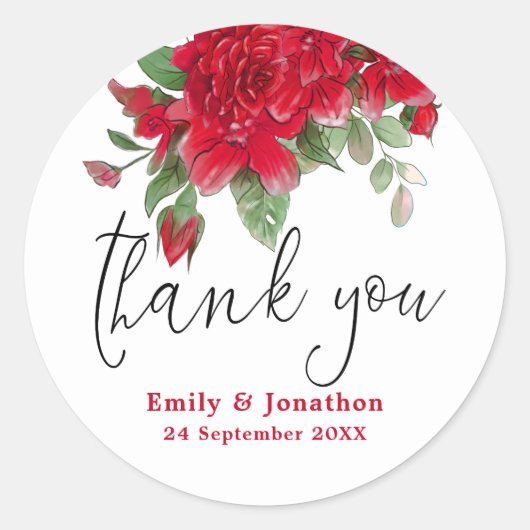 Deep Red Roses Elegant Script Dank u Namen Ronde Sticker (Voorkant)