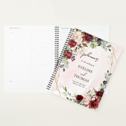 Deep Red Roses Fresh Greenery Gold lijst bruiloft Planner (Display)