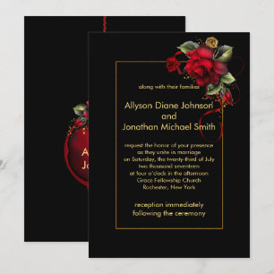 Deep Red Roses Greenery Gold Sparkles Weduwen Kaart