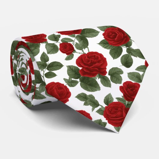 Deep Red Roses with leaves Seamless Pattern Stropdas (Opgerold)