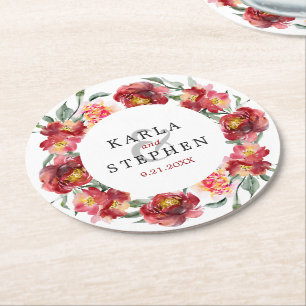 Deep-red Waterverf Garden Flowers Wreath Ronde Kartonnen Onderzetter