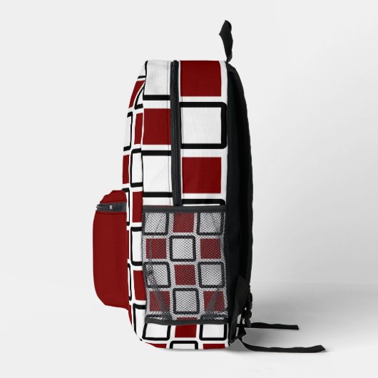 Deep Red & White Backpack – Bold Geometric Squares Bedrukte Rugzak (Rechts)