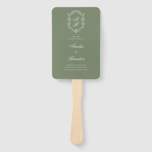 Deep Sage Green Monogram Kreeft Trouwprogramma Handwaaier (Voorkant)