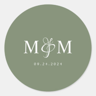 Deep Sage Green Monogram Wedding Envelope Seal Ronde Sticker