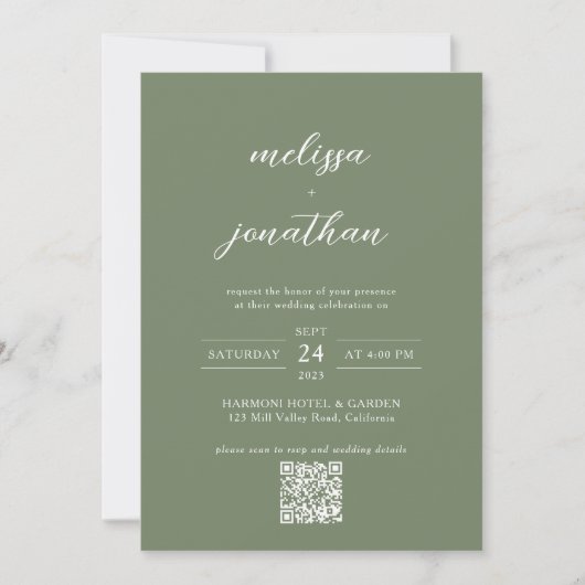 Deep Sage Groen Script Foto QR Code Bruiloft Kaart (Voorkant)