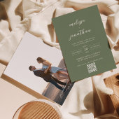 Deep Sage Groen Script Foto QR Code Bruiloft Kaart