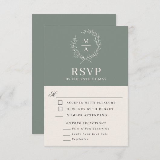 Deep Sage Simple Élégant Monogramme RSVP avec Repa (Devant / Derrière)