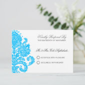 Deep Sky Blue Elegant Damask Wedding  RSVP Kaartje (Staand voorkant)