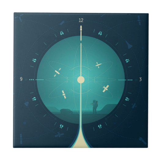 Deep Space Atomic Clock Poster, blauwe versie. Tegeltje (Voorkant)