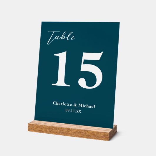 Deep Teal Minimalist Wedding Table Number Acryl Bord (Hoek)
