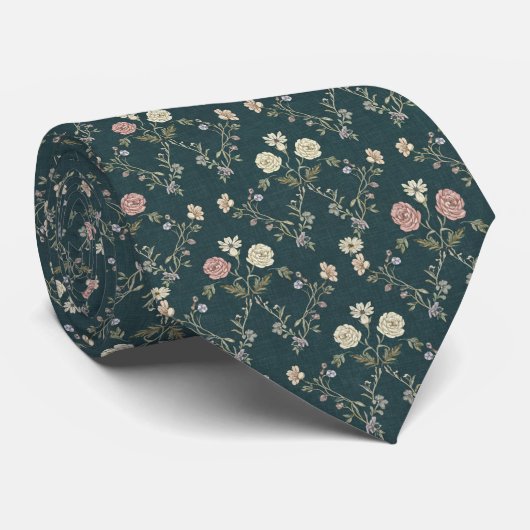 Deep Teal Vintage Floral Stropdas (Opgerold)