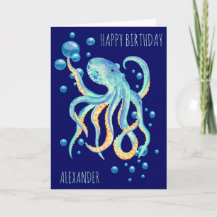 Deep Zee Octopus Blue Bubble Navy Verjaardag Kaart