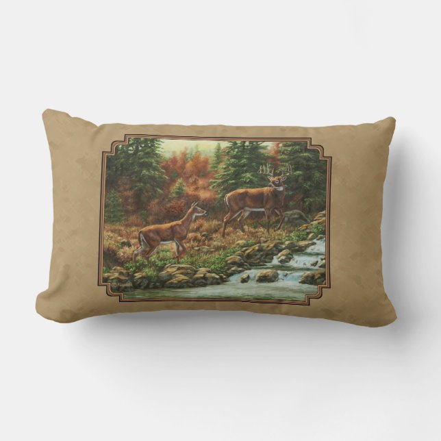 Deer and Stream Waterfall Tan Kussen (Voorkant)