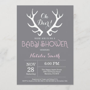 Deer Antler Baby shower Invitation Grijs en Roze Kaart