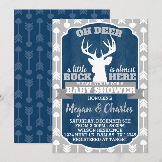 Deer Antler Baby shower Invitation Navy Gray Kaart (Voorkant / Achterkant)