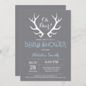 Deer Antler Baby shower Uitnodiging Grijs en Blauw (Voorkant / Achterkant)