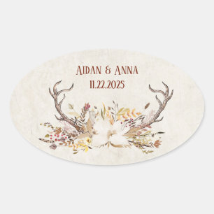 Deer antler en trouwbloemen ovale sticker